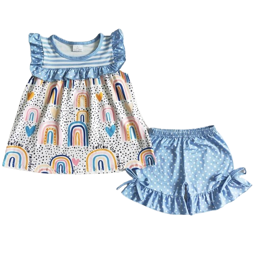 Blue Rainbow Outfit Whimsical Summer Shorts Outfit