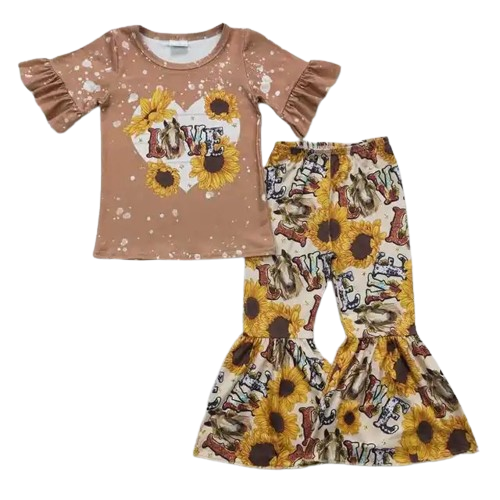 Summer Love Sunflower Horse Pony Outfit Western Short Sleeve Shirt and Pants - Kids Clothes