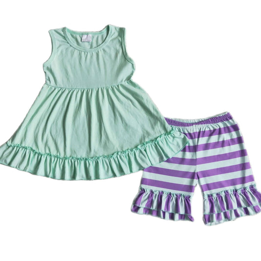 Summer  Mint & Purple Ruffle Accent Outfit Colorful Sleeveless Shirt and Shorts - Kids Clothes