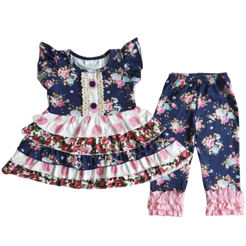 Summer Navy & Pink Floral Patchwork Ruffle Top & Pants Set