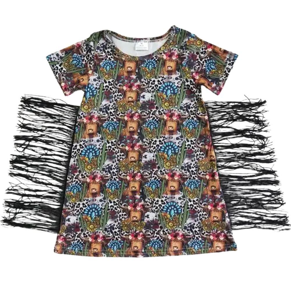 SALE - Southwest Dress Highland Cow Turquoise Medallion - Kids