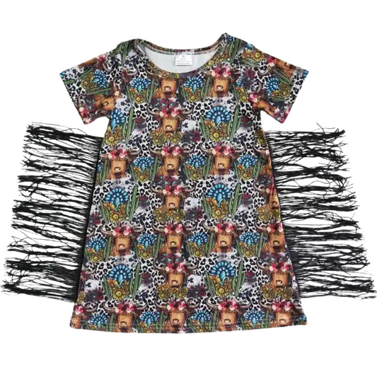 SALE - Southwest Dress Highland Cow Turquoise Medallion - Kids