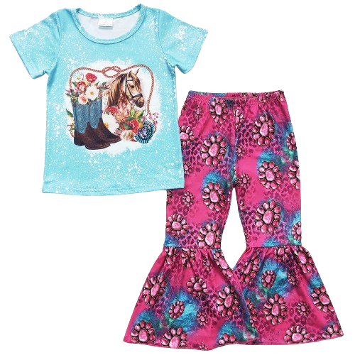 Summer Horse Floral Cowboy Boots Turquoise Outfit Western Short Sleeve Shirt and Pants - Kids Clothes