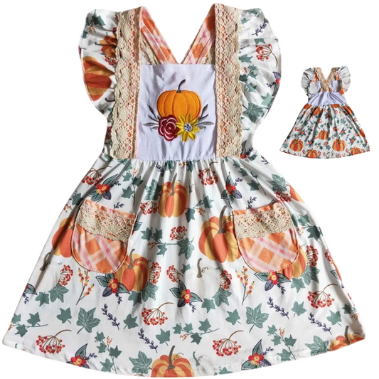 Fall/Autumn Dress Flutter Sleeve Pumpkin Floral - Kids Clothes