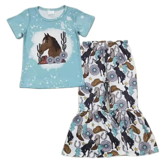 Summer Horse Cactus Medallion Outfit Western Short Sleeve Shirt and Pants - Kids Clothes