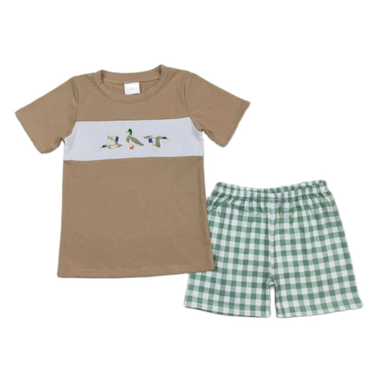 TRIPLE DUCK Green Gingham Short Sleeve Boys Shorts Set-Kids