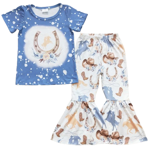 Summer Blue Horseshoe Floral Outfit Western Short Sleeve Shirt and Pants - Kids Clothes