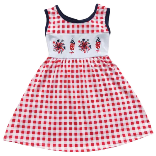 Red Plaid Fireworks Classic 4th of July Summer Kids Dress