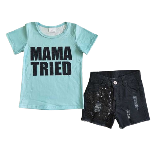 Girls Summer Shorts Outfit - Mama Tried Sequin Denim Western