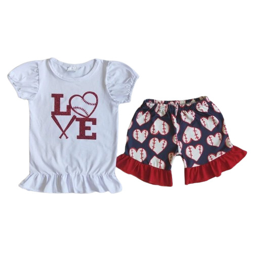 "LOVE" Baseball Outfit Colorful Short Sleeve Shirt and Shorts - Kids Clothing