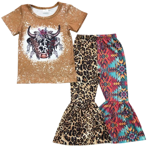 Summer Geo Leopard Print Steer  Outfit Western Short Sleeve Shirt and Pants - Kids Clothes