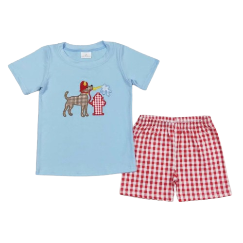 Boys Summer Shorts Outfit Red Plaid Fireman Dog Kids Clothes