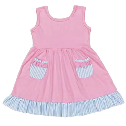 PINK&BLUE Sleeveless Dress Blue Stripe Pockets / Ruffle Trim