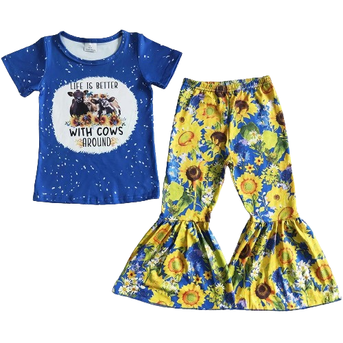 Blue Sunflower Cow -Western Bell Bottom Outfit Kids Clothing