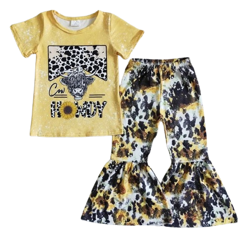 Summer  Cow Howdy Sunflower Outfit Southwest Short Sleeve Shirt and Pants - Kids Clothes