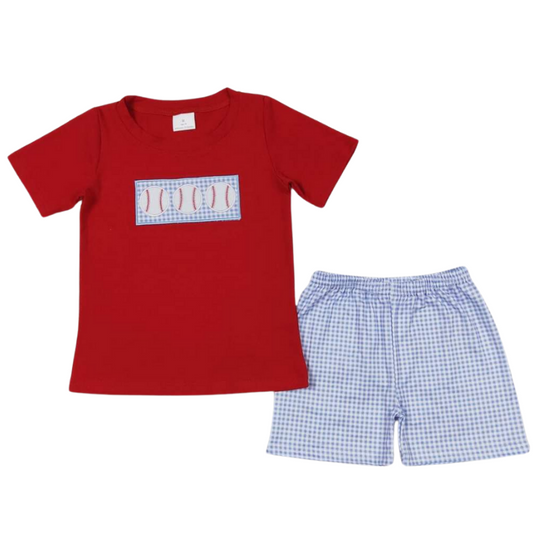 Summer Baseball Applique Plaid Gingham Outfit Colorful Short Sleeve Shirt and Shorts - Kids Clothes