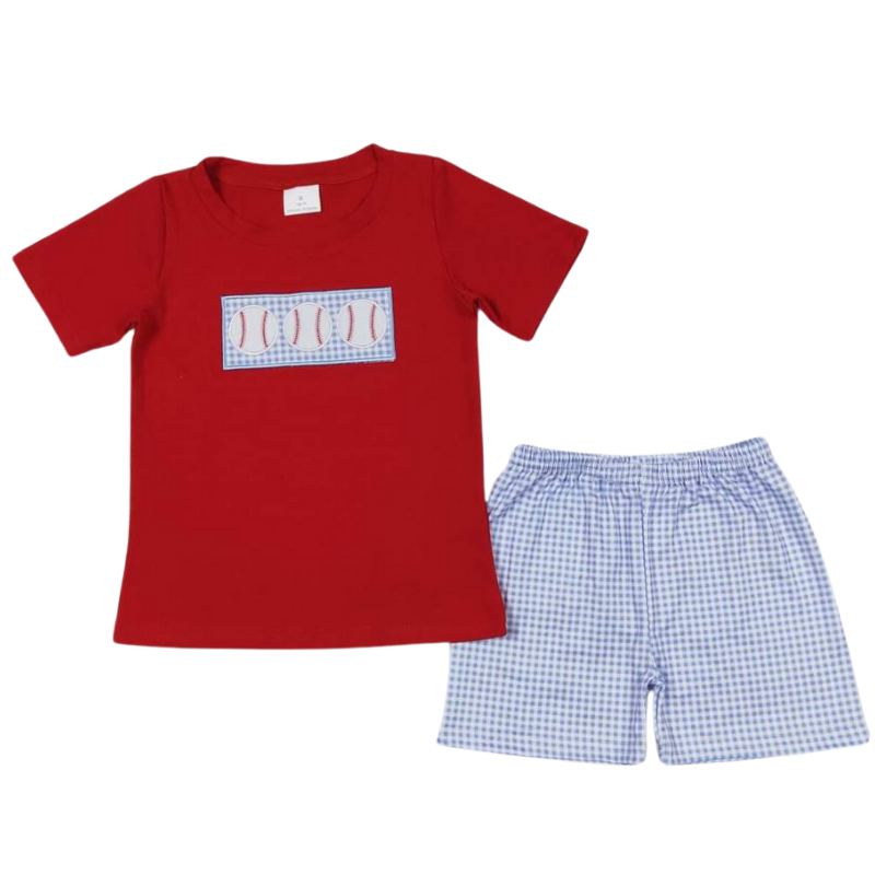 Summer Baseball Applique Top & Plaid Gingham Shorts Outfit