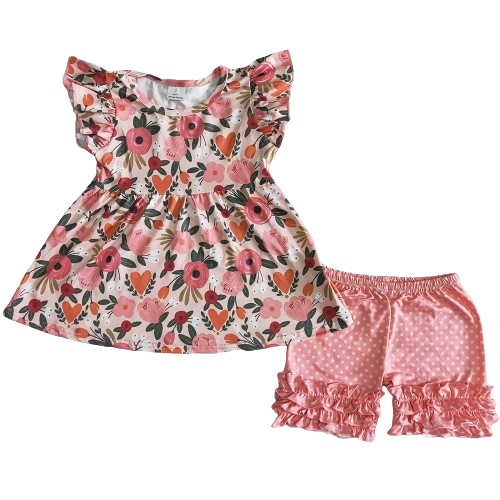 Girls Summer Shorts Outfit - Pink Polka Dot Ruffle Floral