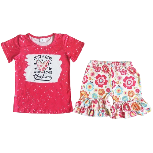 Summer Love Chickens Farm Floral Outfit Western Short Sleeve Shirt and Shorts - Kids Clothes