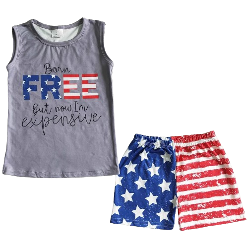 Summer  Born Free But Expensive Outfit 4th of July Sleeveless Shirt and Shorts - Kids Clothes