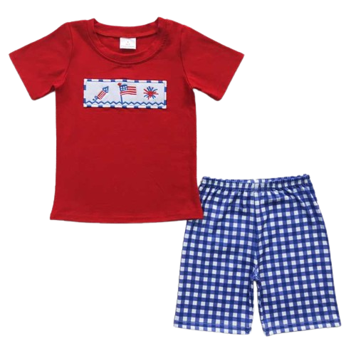 Blue Gingham FIREWORKS 4th of July Shorts Outfit BOYS -KIDS