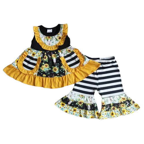 Summer Black & Gold Sunflower Outfit Floral Sleeveless Shirt and Shorts - Kids Clothes