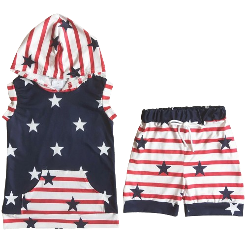 Hooded Stars Stripes 4th of July Summer Shorts Outfit - Kids