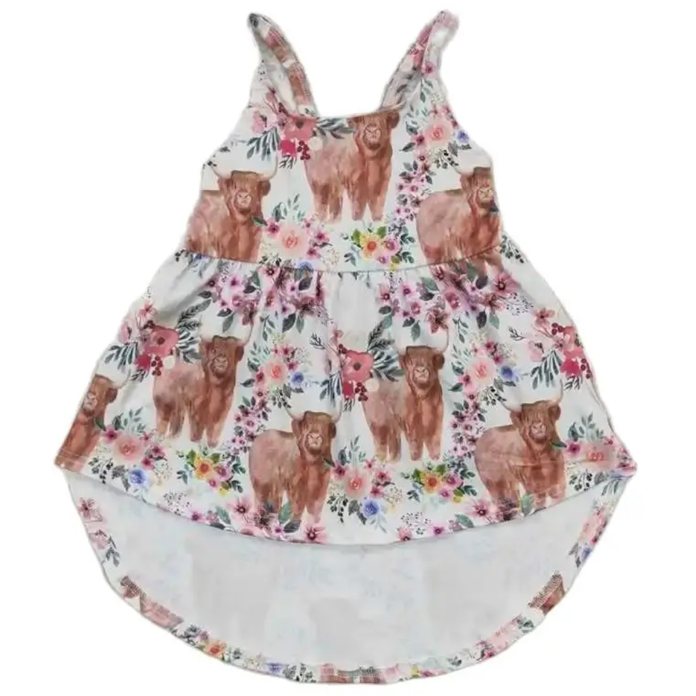 Southwest Dress Floral Highland Cow Hi-Lo - Kids Clothing