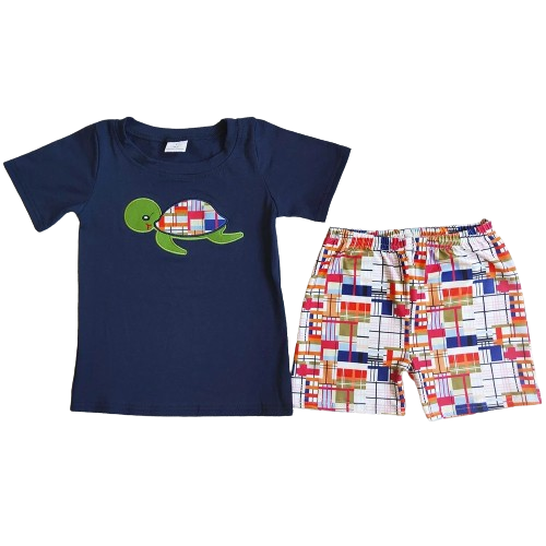 Preppy Plaid Turtle Outfit Colorful Short Sleeve Shirt and Shorts - Kids Clothing
