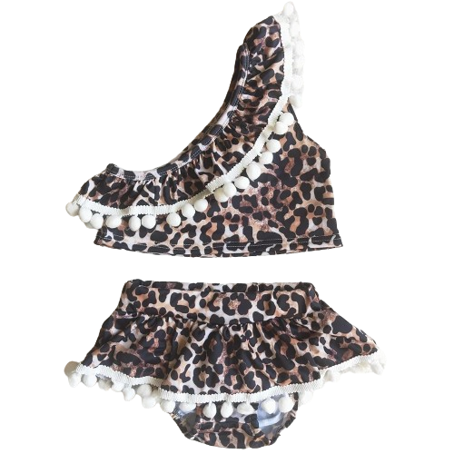Summer  Leopard Pom Accent Two Piece Outfit Southwest Bathing Suit - Kids Clothing