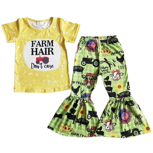 Summer Farm Hair Don't Care Tractor Outfit Western Short Sleeve Shirt and Pants - Kids Clothes