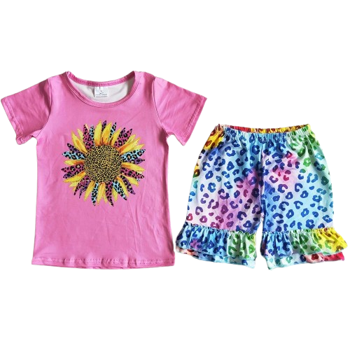 Summer Sunflower Tie Dye Cheetah Outfit Western Short Sleeve Shirt and Shorts - Kids Clothes