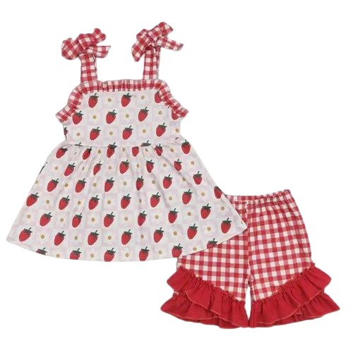 Strawberry Tie-Accent Plaid Outfit Whimsical Sleeveless Shirt and Shorts - Kids Clothing