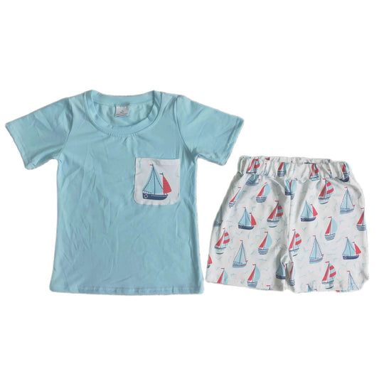 Summer Boys Sailboat Outfit Western Short Sleeve Shirt and Shorts - Kids Clothes