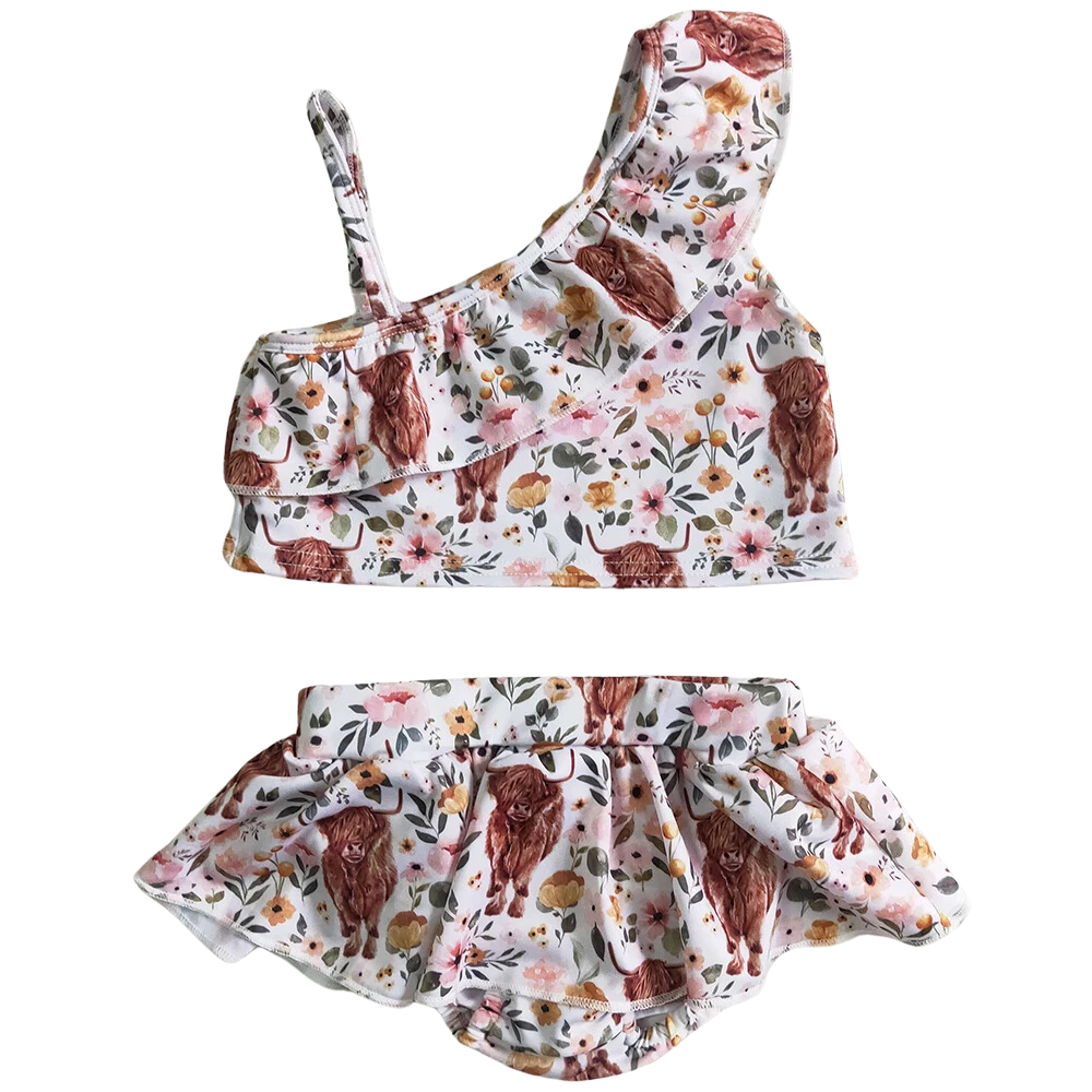FLORAL HIGHLAND COW Ruffle Off Shoulder 2PC Skirted Swimsuit