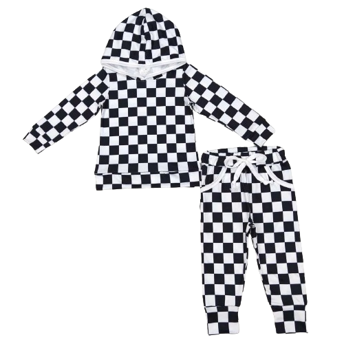 Black and White Checkerboard Loungewear Western Long Sleeve Shirt and Pants - Kids Clothes