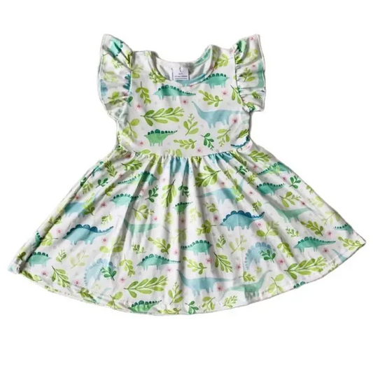Summer Whimsical Dress Mint & Green Dinosaur - Kids Clothing