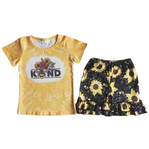 Summer Bee Kind Sunflower Outfit Western Short Sleeve Shirt and Shorts - Kids Clothes