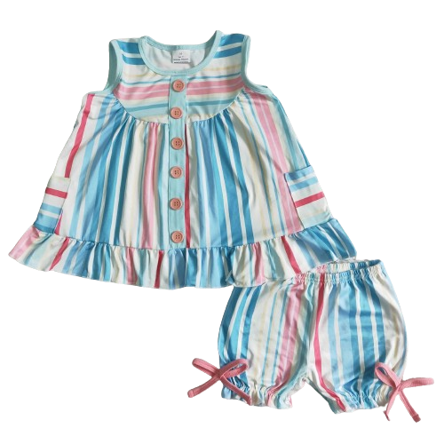 Girls Summer Shorts Outfit - Stripe Button Plaid Bow Accent