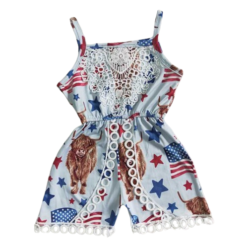 Girls Highland Cow Flag 4th of July Jumpsuit - Kids Clothes