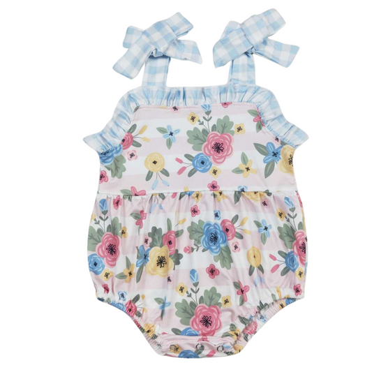 Summer  Floral Baby Romper Tie Accent Floral Bubble - Kids Clothing