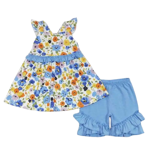 Summer  Jumbo Bow Accent Outfit Outfit Floral Sleeveless Shirt and Shorts - Kids Clothes