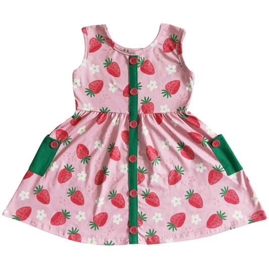 Summer Whimsical Dress Pink & Green Strawberry Kids Clothing