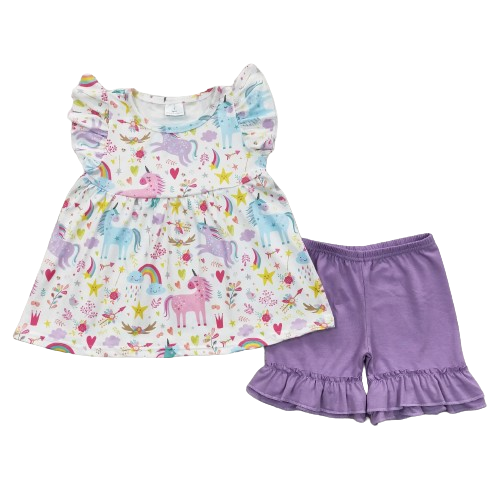 Summer  Purple Flutter Sleeve Unicorn Outfit Whimsical Short Sleeve Shirt and Shorts - Kids Clothes