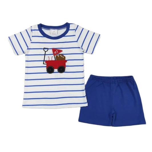 Baseball Wagon Blue Stripe Boys Short Sleeve Shorts Set