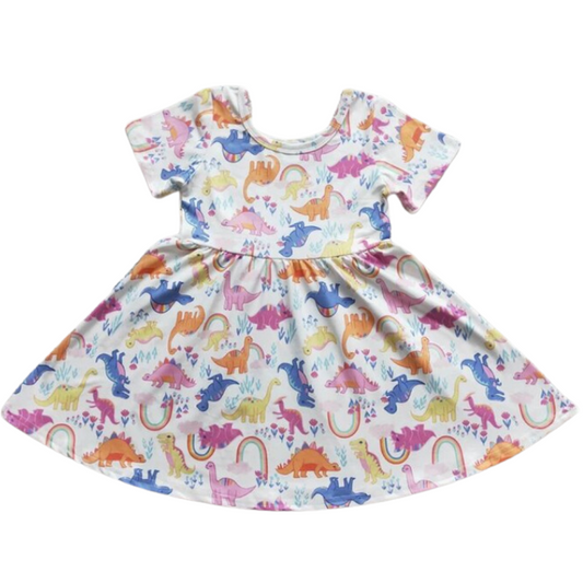Summer  Whimsical Dress Pastel Rainbow Dinosaur - Kids Clothing