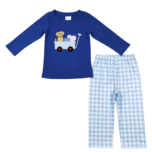 Boys Long Sleeve Plaid Outfit Puppy Love Wagon Kids Clothes
