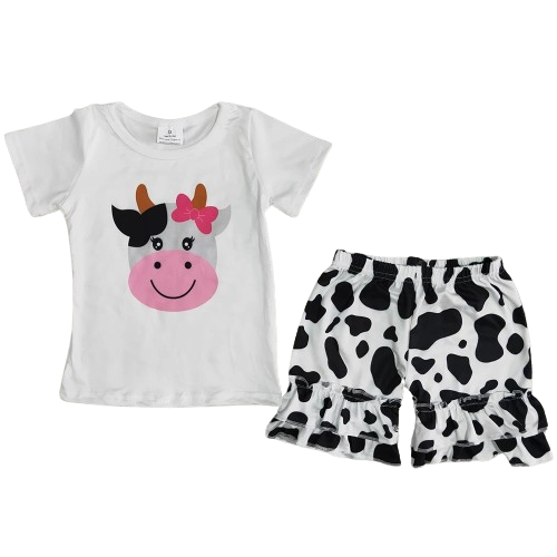 Summer Black & White Cheerful Cow Short Sleeve Shirt+ Shorts