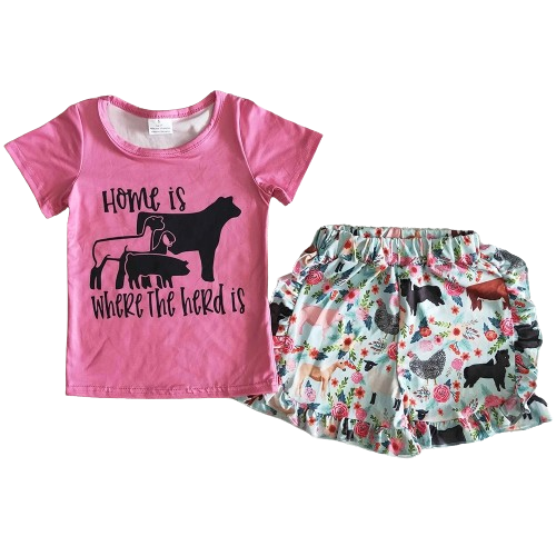 Summer Cow Herd Farm Outfit Western Short Sleeve Shirt and Shorts - Kids Clothes