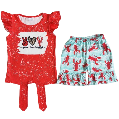 Summer  Peace Love Crawfish Outfit Whimsical Short Sleeve Shirt and Shorts - Kids Clothes